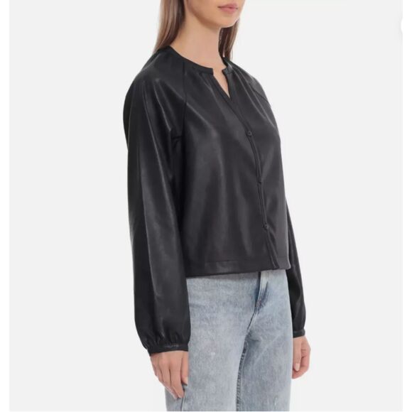 Avec Les Filles Raglan Sleeve Black Faux Leather Button Up Blouse Sz XL - Picture 9 of 12